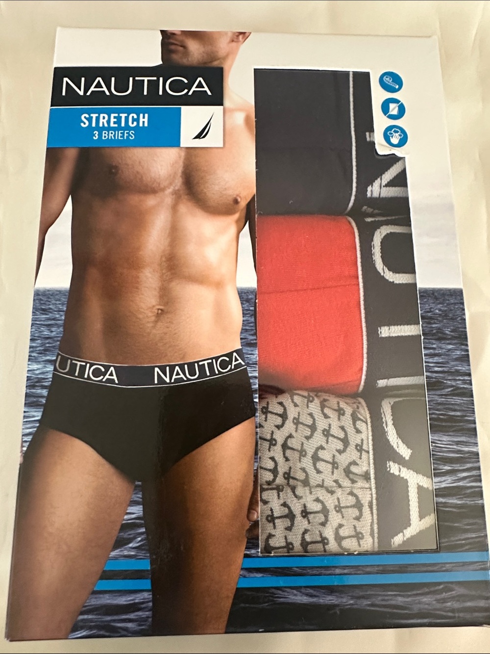 Nautica Men's 3-Pack Stretch Briefs in Blue, Orange and Light Gray w Anchors